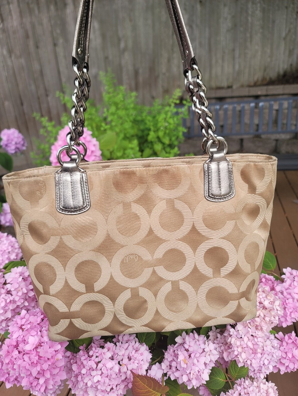 Coach Beige and Tan Signature Jacquard Tote with Metallic Trim - Picture 9 of 13